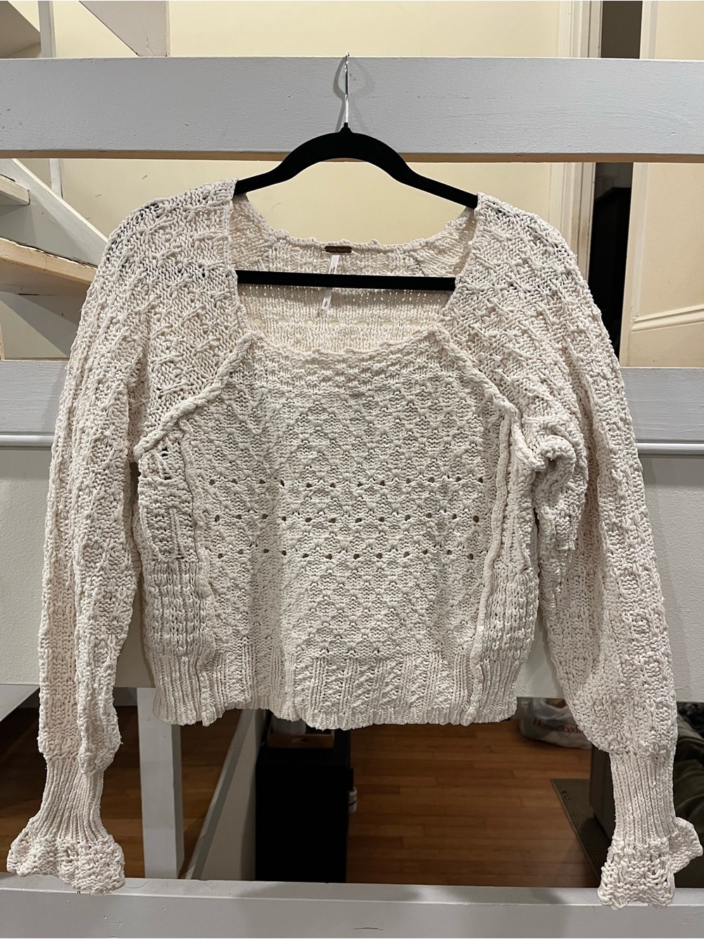 Free People Sadie Pullover Sweater Cream Pointelle Ruffle Cuff